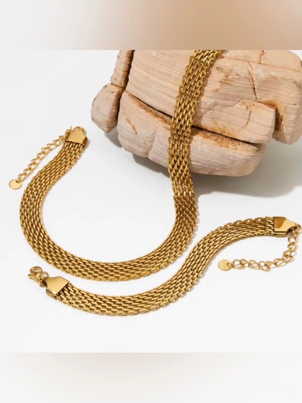 18K Gold Played Multi-Strand Mesh Necklace Bracelet Set